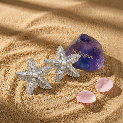 Pearl & Silvertone Textured Starfish Stud Earrings
