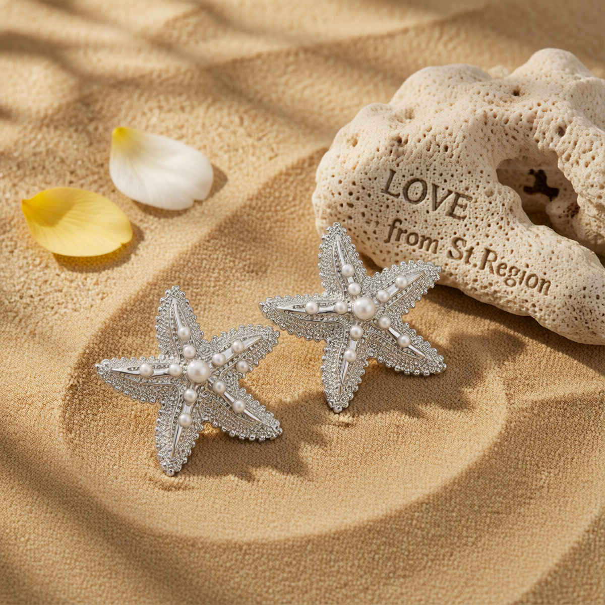 Pearl & Silvertone Textured Starfish Stud Earrings