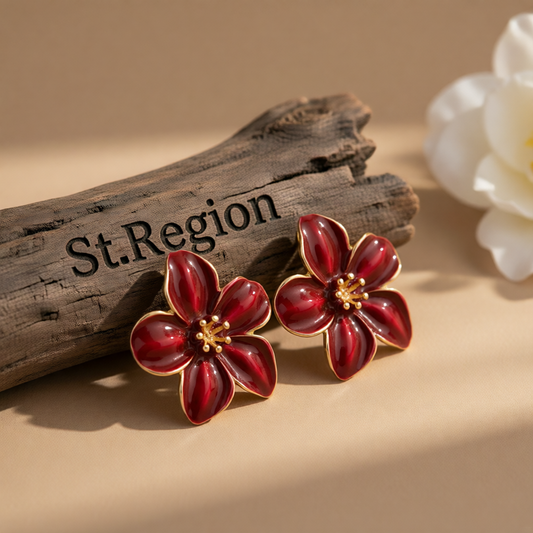 Dark Red Enamel & Goldtone Flower Stud Earrings