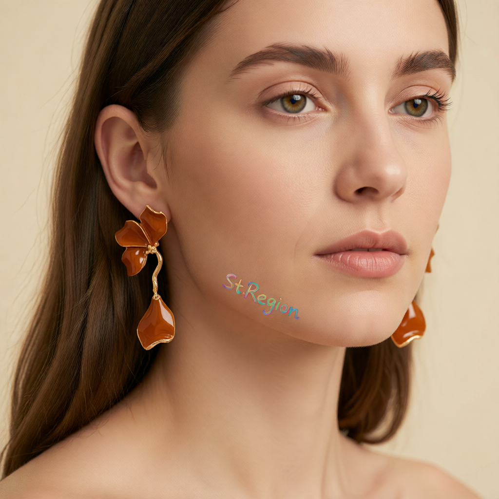 Brown Enamel & Goldtone Petals Dangle Earrings