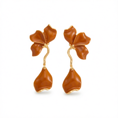 Brown Enamel & Goldtone Petals Dangle Earrings