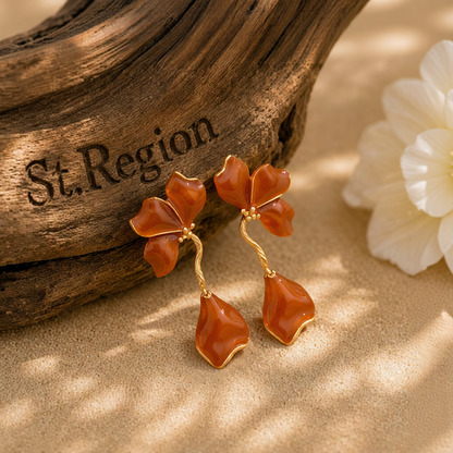 Brown Enamel & Goldtone Petals Dangle Earrings