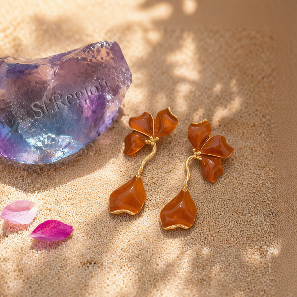 Brown Enamel & Goldtone Petals Dangle Earrings