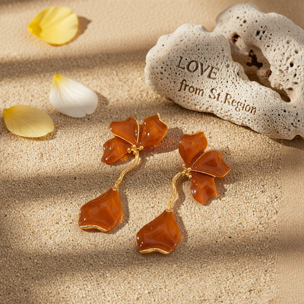 Brown Enamel & Goldtone Petals Dangle Earrings
