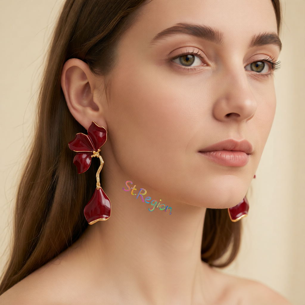 Red Enamel & Goldtone Petals Dangle Earrings