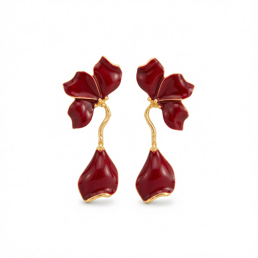 Red Enamel & Goldtone Petals Dangle Earrings