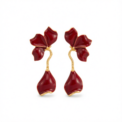 Red Enamel & Goldtone Petals Dangle Earrings