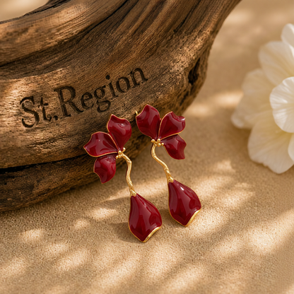 Red Enamel & Goldtone Petals Dangle Earrings