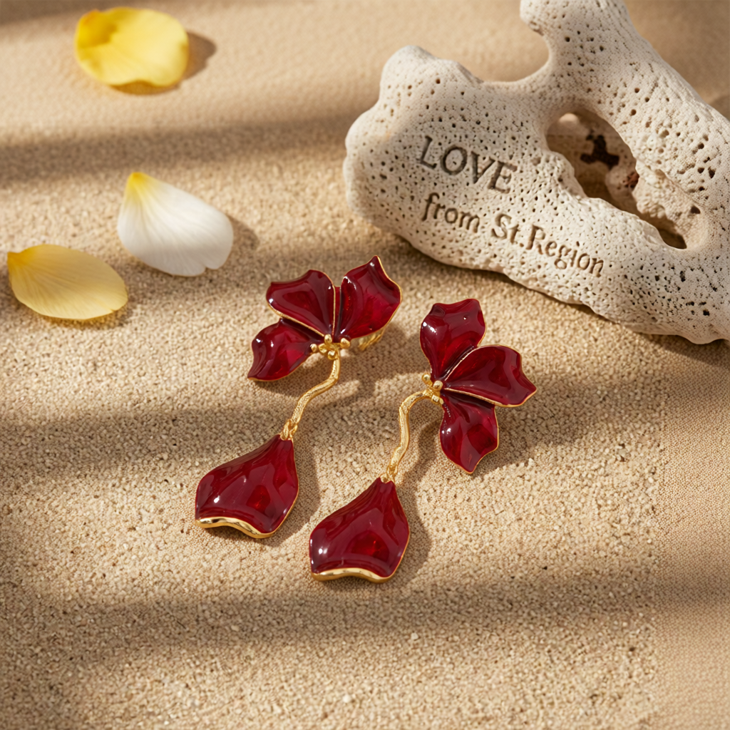 Red Enamel & Goldtone Petals Dangle Earrings