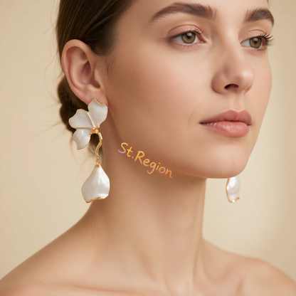 White Enamel & Goldtone Petals Dangle Earrings