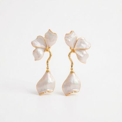 White Enamel & Goldtone Petals Dangle Earrings