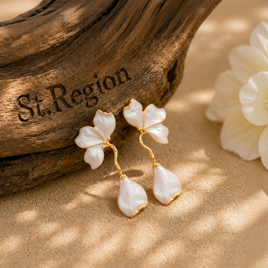 White Enamel & Goldtone Petals Dangle Earrings