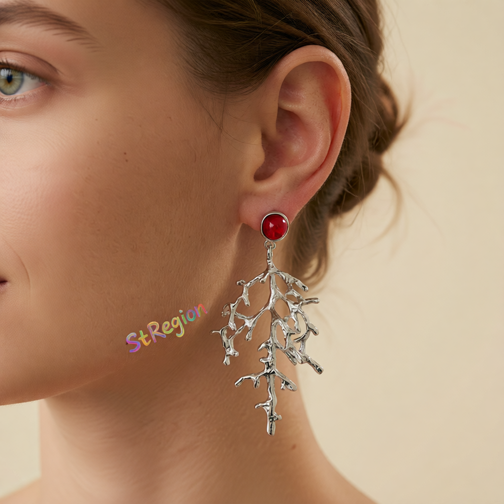 Red Resin & Silvertone Branch Dangle Earrings