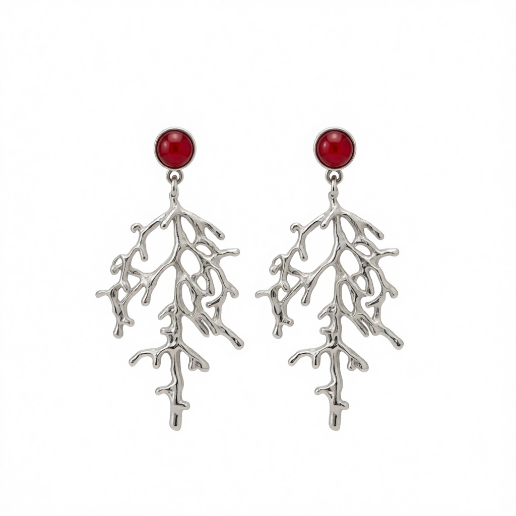 Red Resin & Silvertone Branch Dangle Earrings