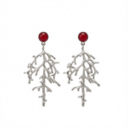 Red Resin & Silvertone Branch Dangle Earrings