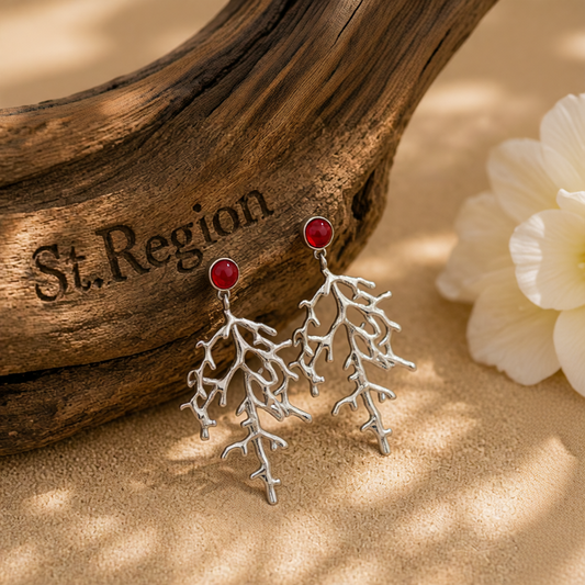 Red Resin & Silvertone Branch Dangle Earrings