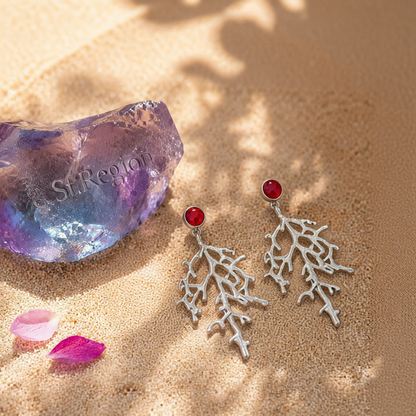 Red Resin & Silvertone Branch Dangle Earrings