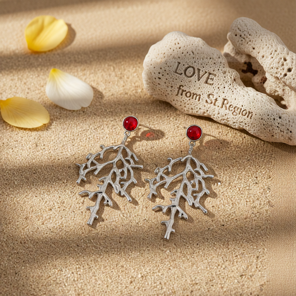 Red Resin & Silvertone Branch Dangle Earrings