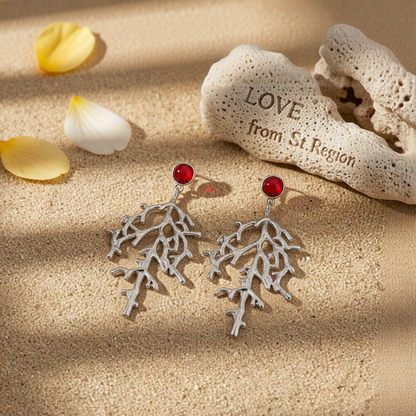 Red Resin & Silvertone Branch Dangle Earrings
