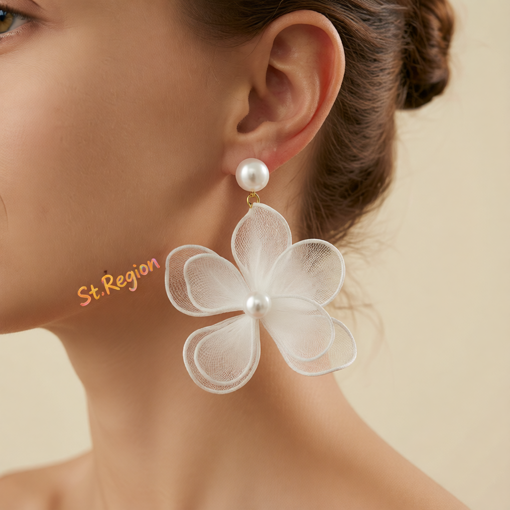White Polyster & Pearl Goldtone Flower Dangle Earrings