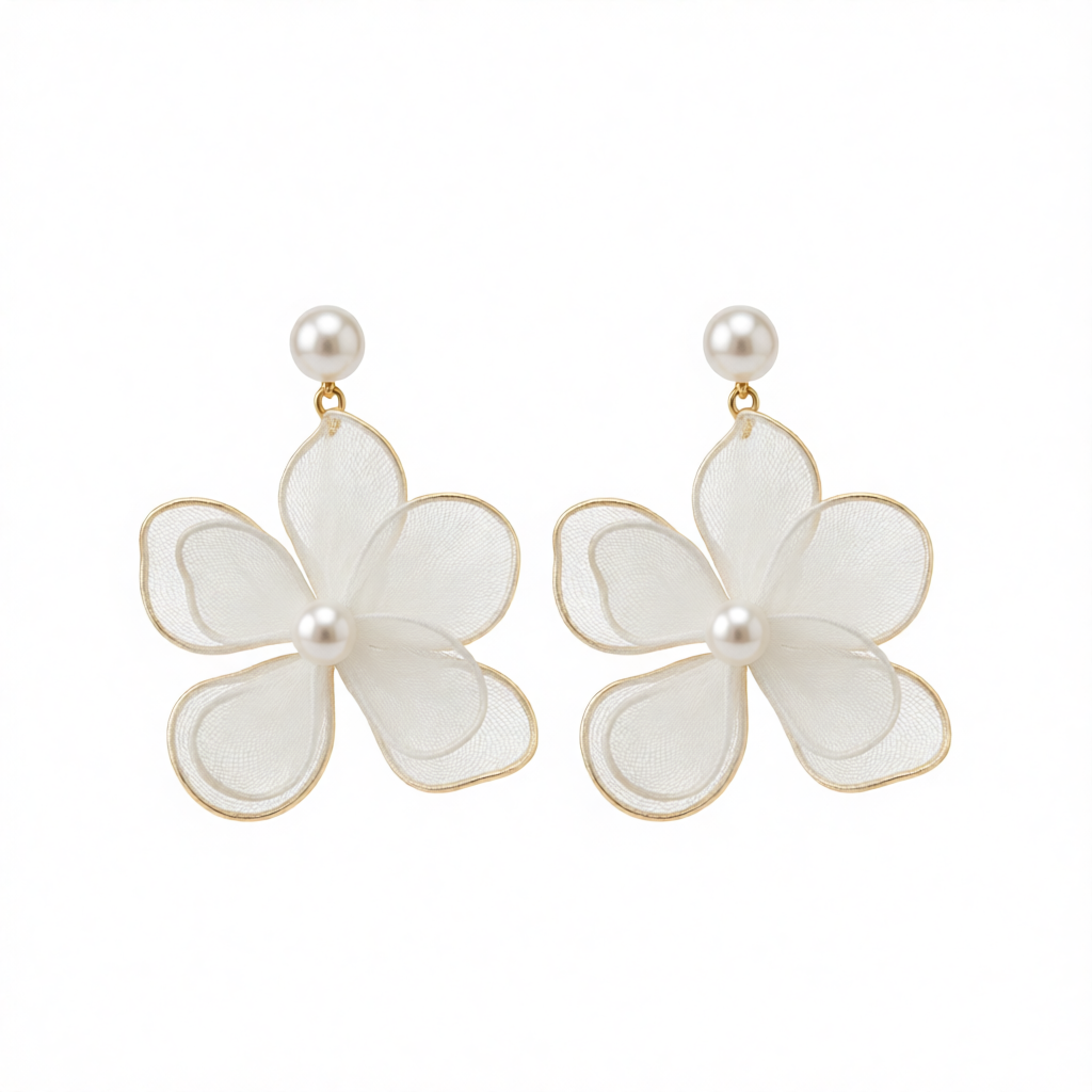 White Polyster & Pearl Goldtone Flower Dangle Earrings