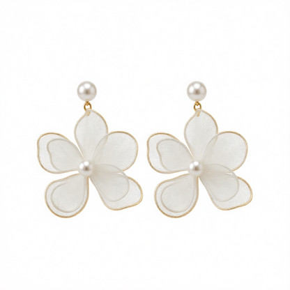 White Polyster & Pearl Goldtone Flower Dangle Earrings