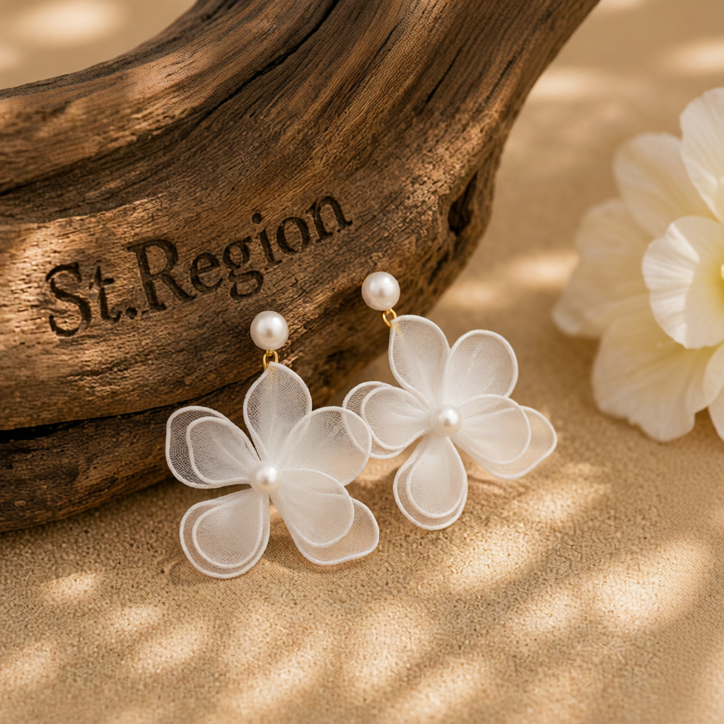 White Polyster & Pearl Goldtone Flower Dangle Earrings