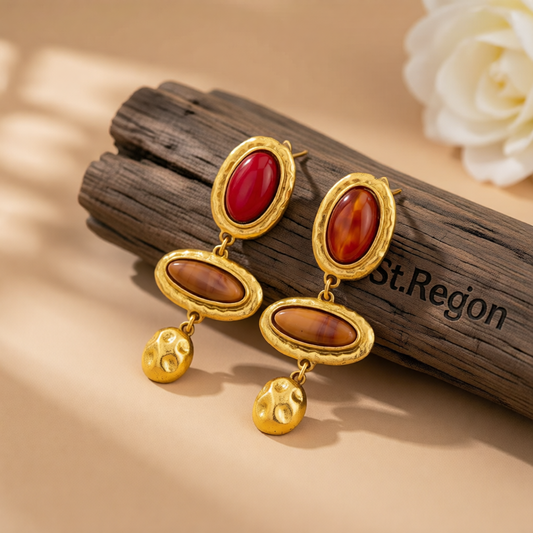Red & Brown Resin Goldtone Tiered Oval Dangle Earrings