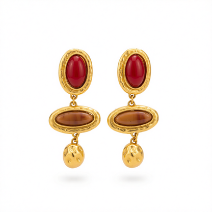 Red & Brown Resin Goldtone Tiered Oval Dangle Earrings