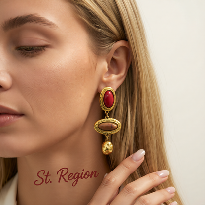 Red & Brown Resin Goldtone Tiered Oval Dangle Earrings