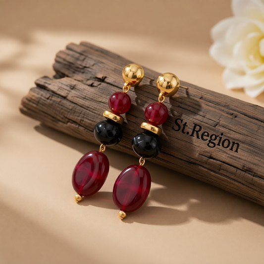 Wine Red Resin & Goldtone Tiered Irregular Beads Dangle Earrings