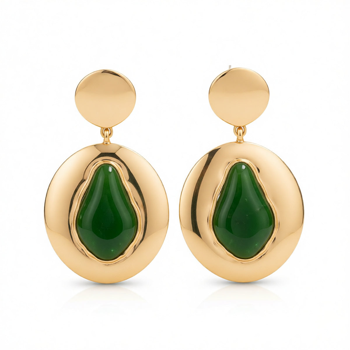 Green Resin & Goldtone Drop-Inside-Round Dangle Earrings