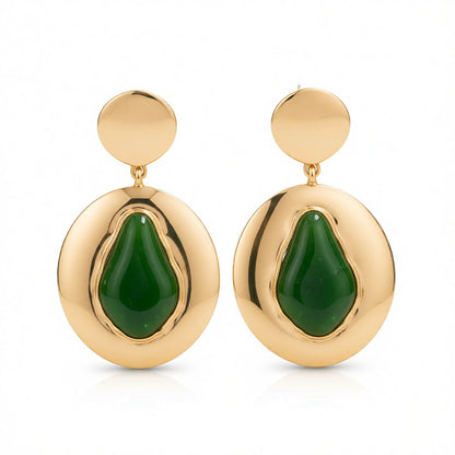 Green Resin & Goldtone Drop-Inside-Round Dangle Earrings