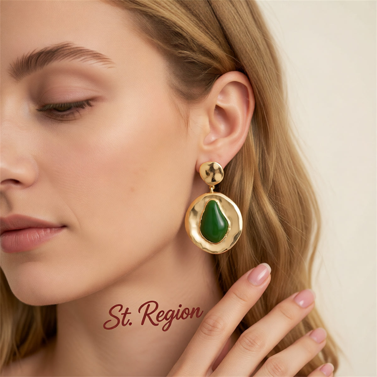 Green Resin & Goldtone Drop-Inside-Round Dangle Earrings