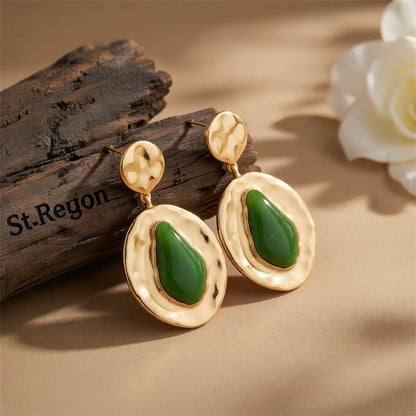 Green Resin & Goldtone Drop-Inside-Round Dangle Earrings