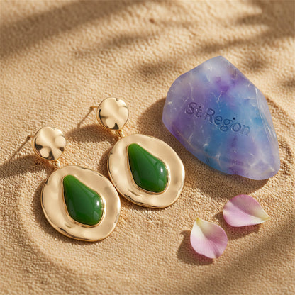 Green Resin & Goldtone Drop-Inside-Round Dangle Earrings