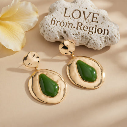 Green Resin & Goldtone Drop-Inside-Round Dangle Earrings