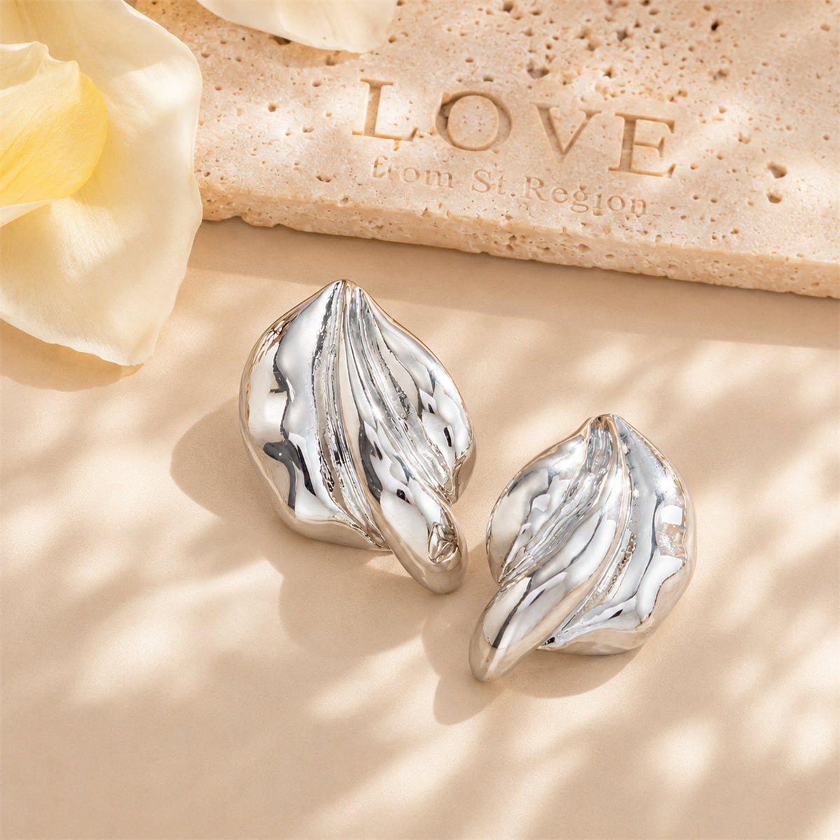 Silvertone Textured Leaf Stud Earrings