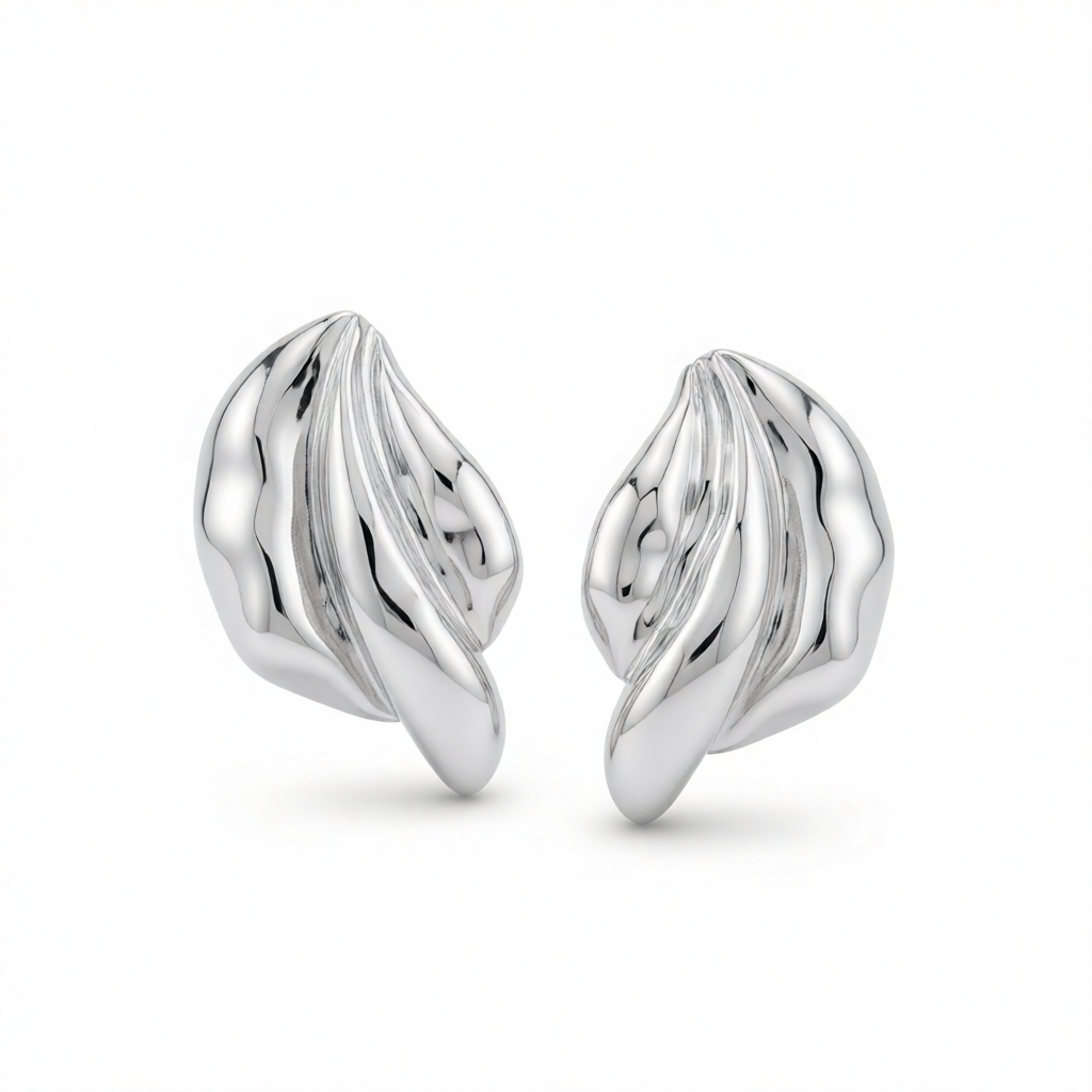 Silvertone Textured Leaf Stud Earrings