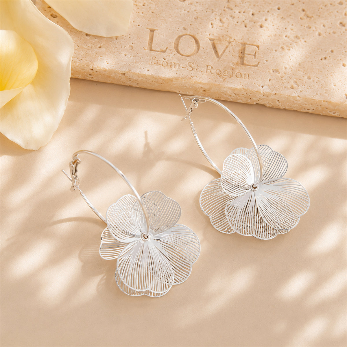 Silvertone Textured Open Flower Cluster Huggie Earrings