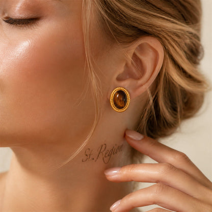 Tiger's Eye & Goldtone Oval Stud Earrings