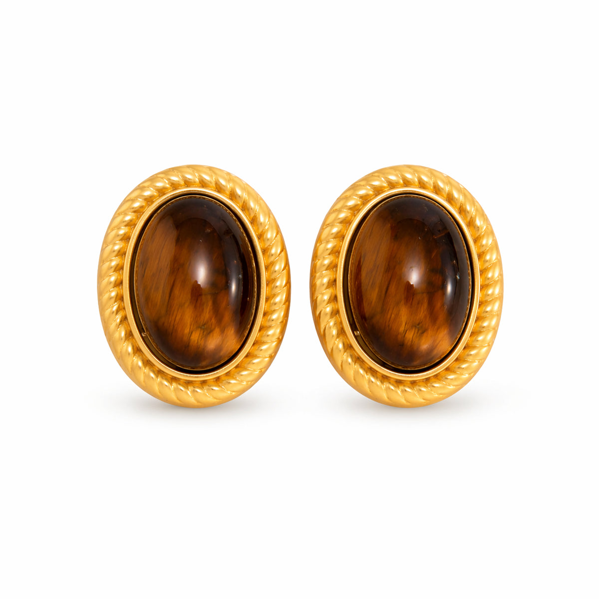 Tiger's Eye & Goldtone Oval Stud Earrings
