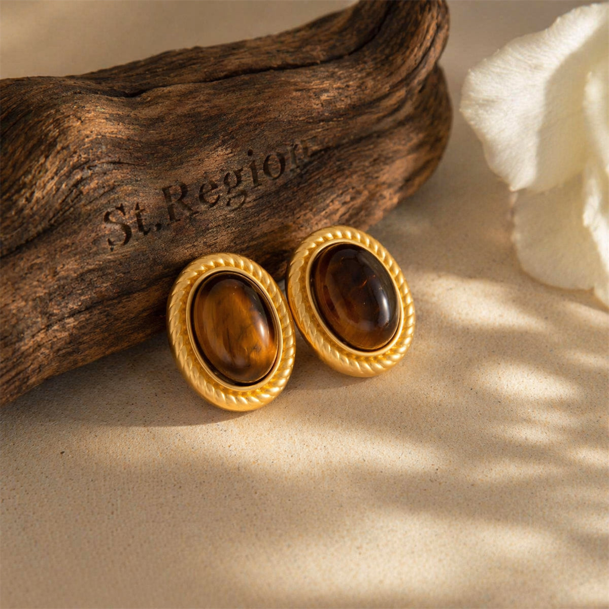 Tiger's Eye & Goldtone Oval Stud Earrings