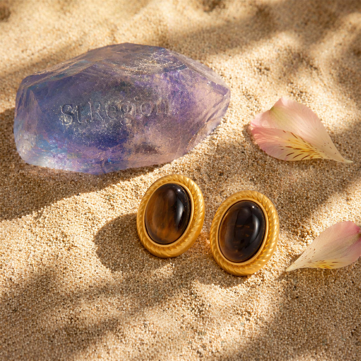 Tiger's Eye & Goldtone Oval Stud Earrings
