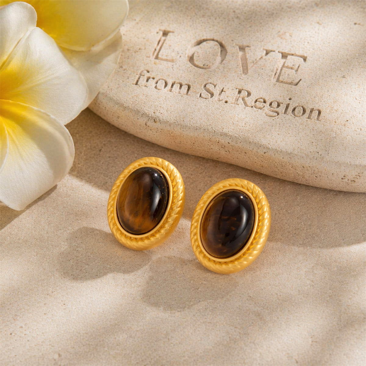 Tiger's Eye & Goldtone Oval Stud Earrings