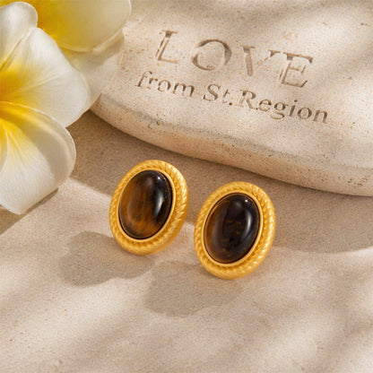 Tiger's Eye & Goldtone Oval Stud Earrings