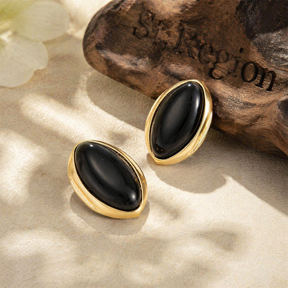 Black Resin & Goldtone Oval Stud Earrings