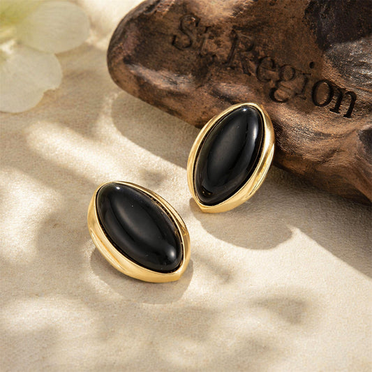 Black Resin & Goldtone Oval Stud Earrings