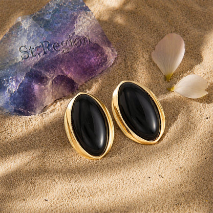 Black Resin & Goldtone Oval Stud Earrings