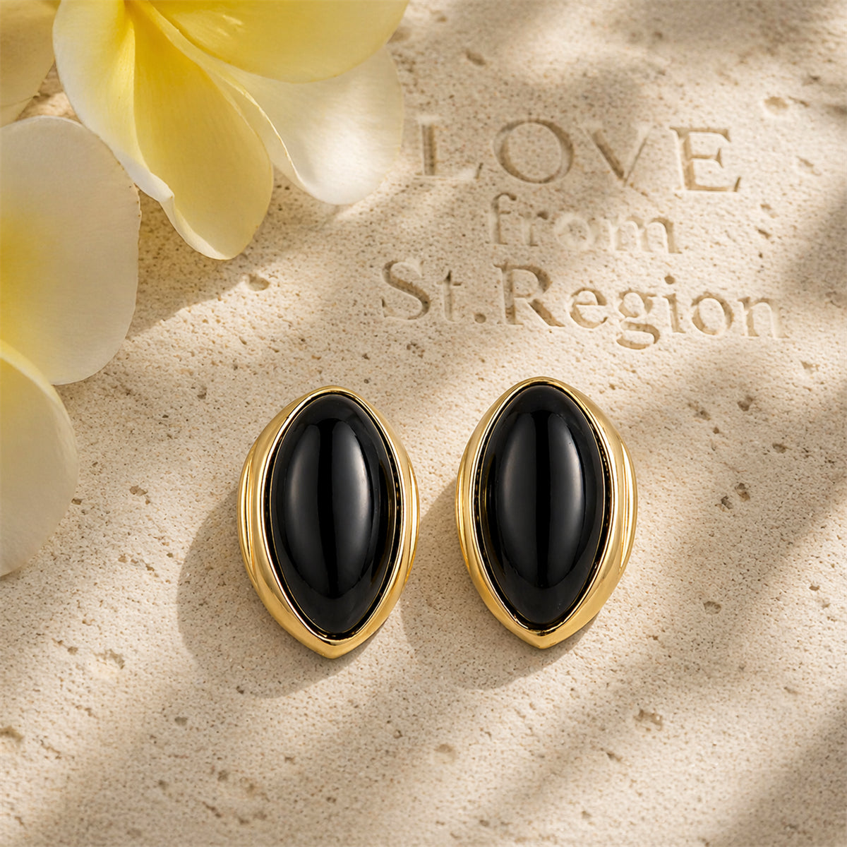 Black Resin & Goldtone Oval Stud Earrings